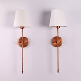Front view of Milan white shade copper rod wall sconces with slim vertical frame and round backplates.