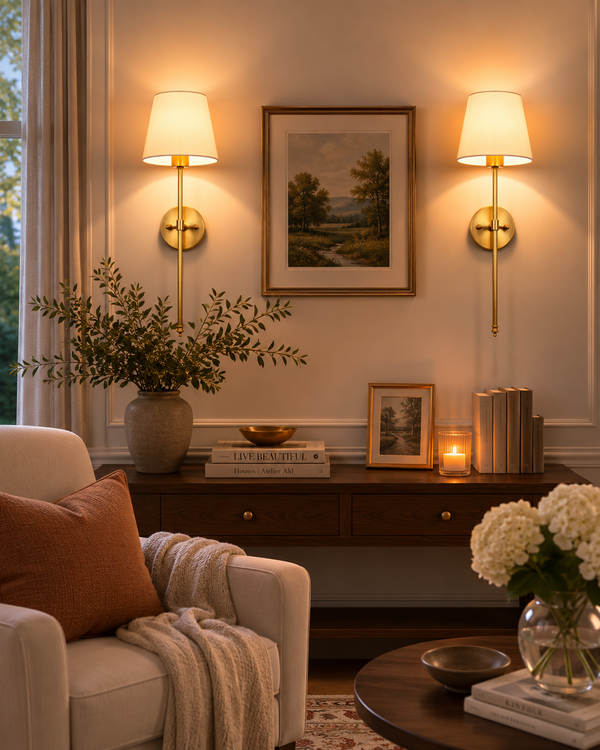 Milan white shade wall sconces installed beside framed artwork in a warm classic living room setting.