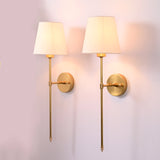 Front view of two white shade rod wall sconces with round backplates and elegant long stems.