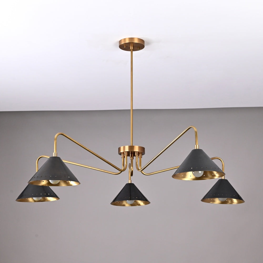 Minimalist mid-century chandelier with cone-shaped black shades and brass arms.