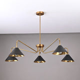 Minimalist mid-century chandelier with cone-shaped black shades and brass arms.