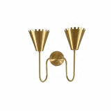 Handcrafted solid brass wall fixture featuring dual crown edge cone shades and balanced modern industrial design