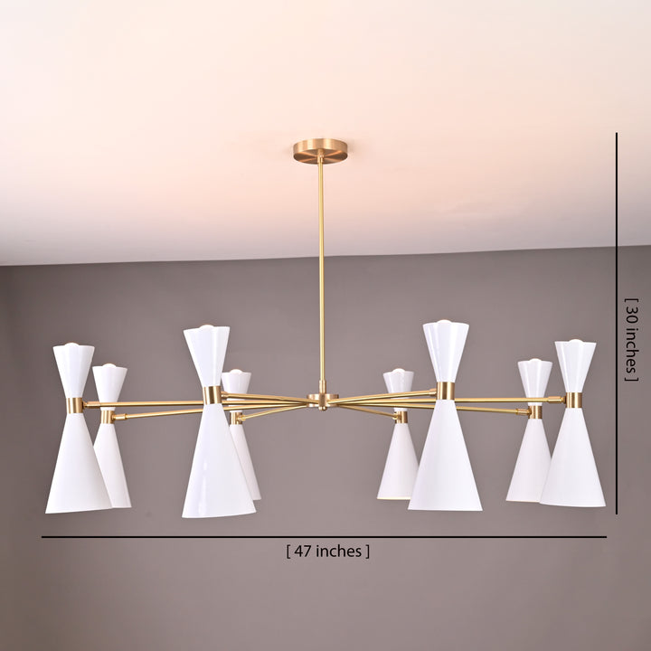 Modern 16-light brass chandelier with sleek white cone shades, measuring 47 inches wide and 30 inches high, shown against a neutral wall