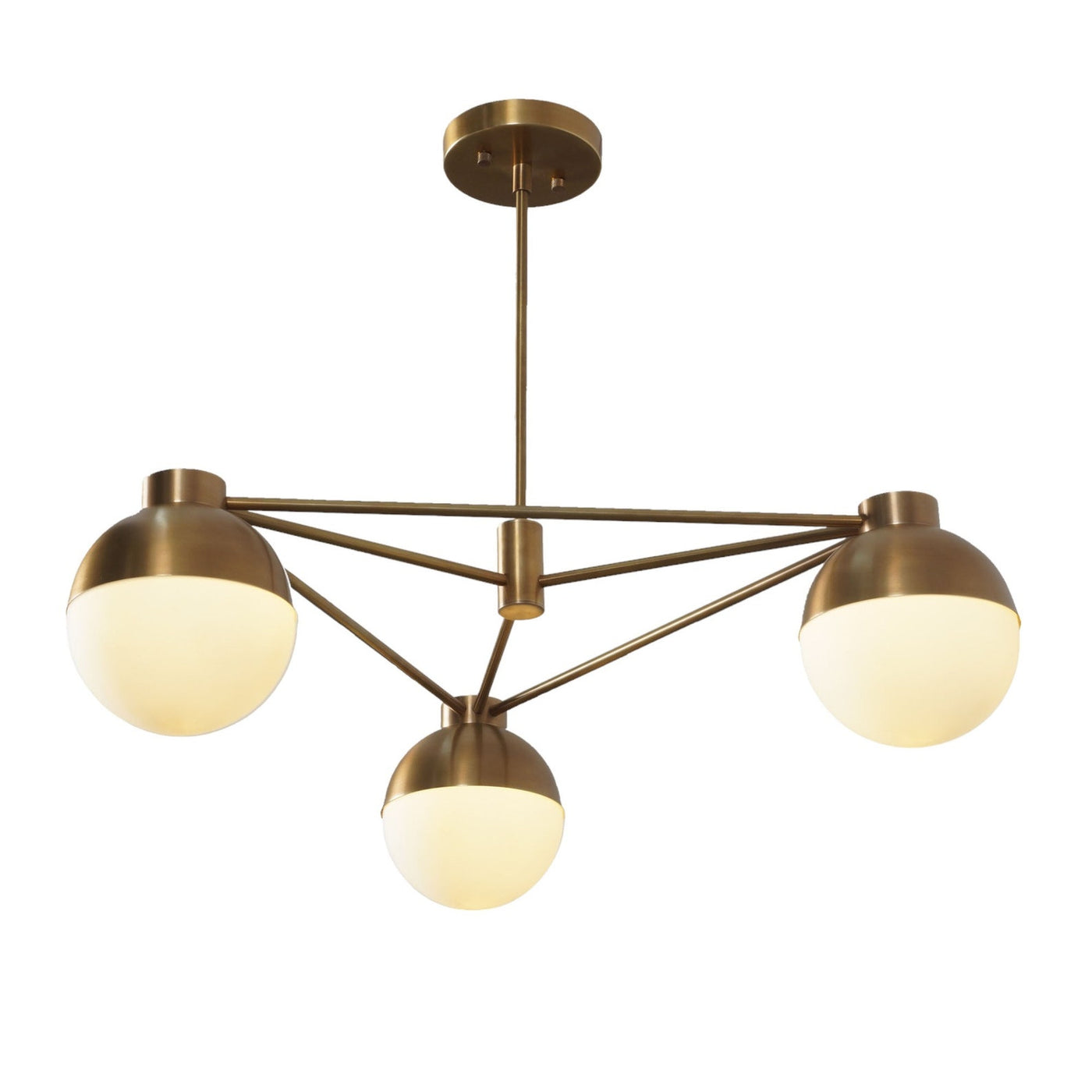 Modern 3-light brass chandelier with frosted glass globes and geometric brass frame, combining mid-century style with minimalist elegance.