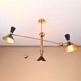 Overhead view of modern 6 light brass chandelier with sculpted cone shades