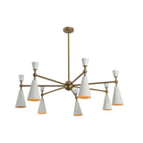 Modern 7-light chandelier with white cone shades and brass arms, combining geometric symmetry with mid-century modern elegance.