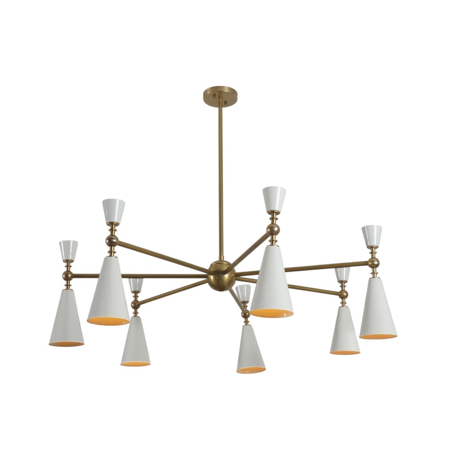 Modern 7-light chandelier with white cone shades and brass arms, combining geometric symmetry with mid-century modern elegance.