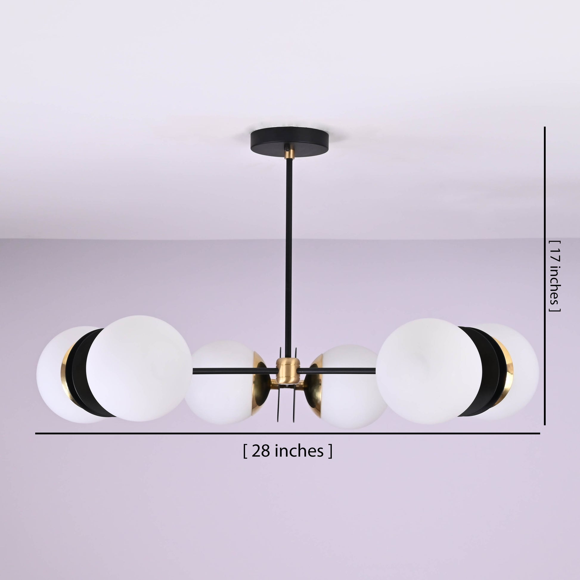 6-light chandelier with brass and black finish, shown with size dimensions 28 inches wide by 17 inches high, featuring round opal glass shades.