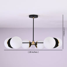 6-light chandelier with brass and black finish, shown with size dimensions 28 inches wide by 17 inches high, featuring round opal glass shades.