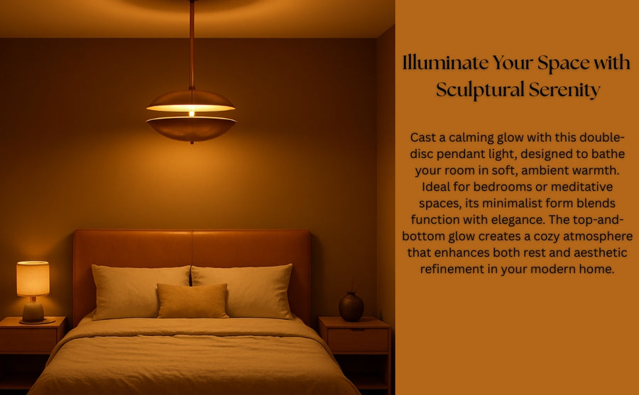 Brass double-dome pendant chandelier glowing above a modern bed setup