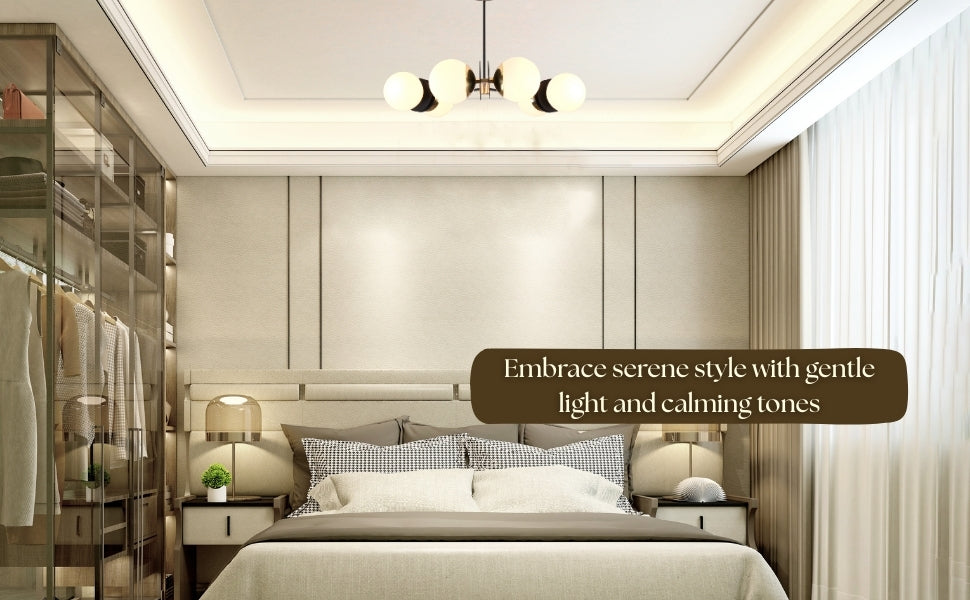 Contemporary brass and black chandelier with opal glass globes illuminating a neutral bedroom, creating a serene and calming atmosphere.