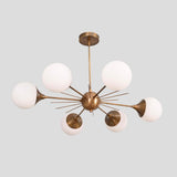 Decorative handmade brass Sputnik chandelier with six frosted white globe bulbs, durable industrial-grade brass construction, and customizable design.