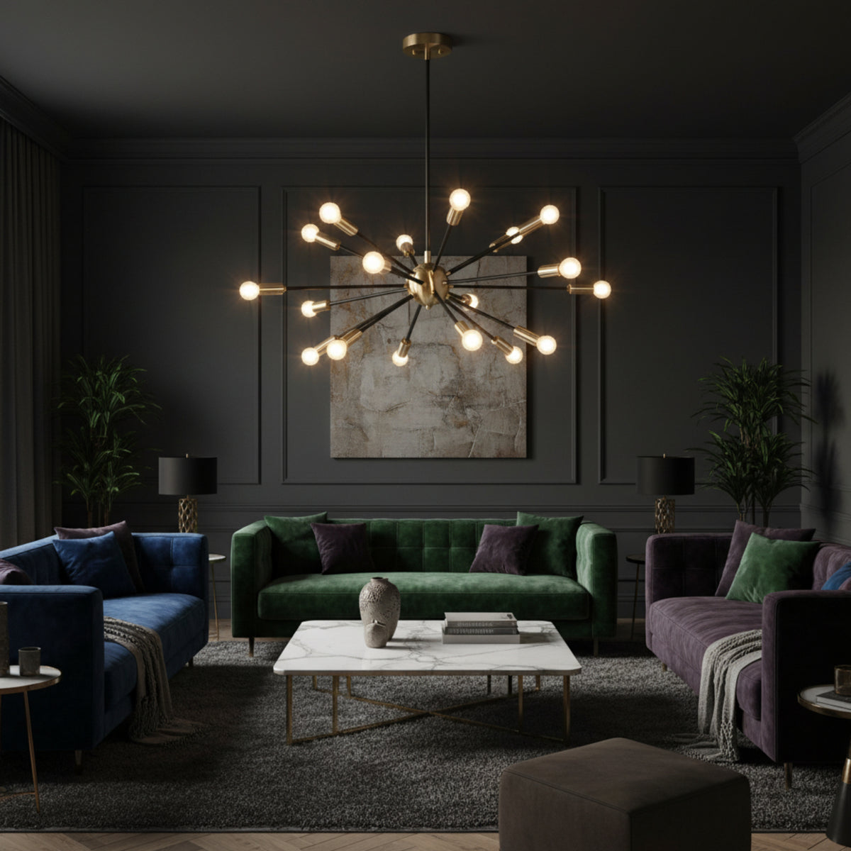 Monaco 18 light Sputnik chandelier featuring black radiating arms with brass bulb holders and central accent.