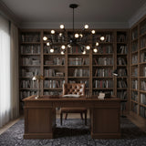 Monaco 18 light Sputnik chandelier in black finish with radial arms, exposed globe bulbs and matching ceiling canopy.