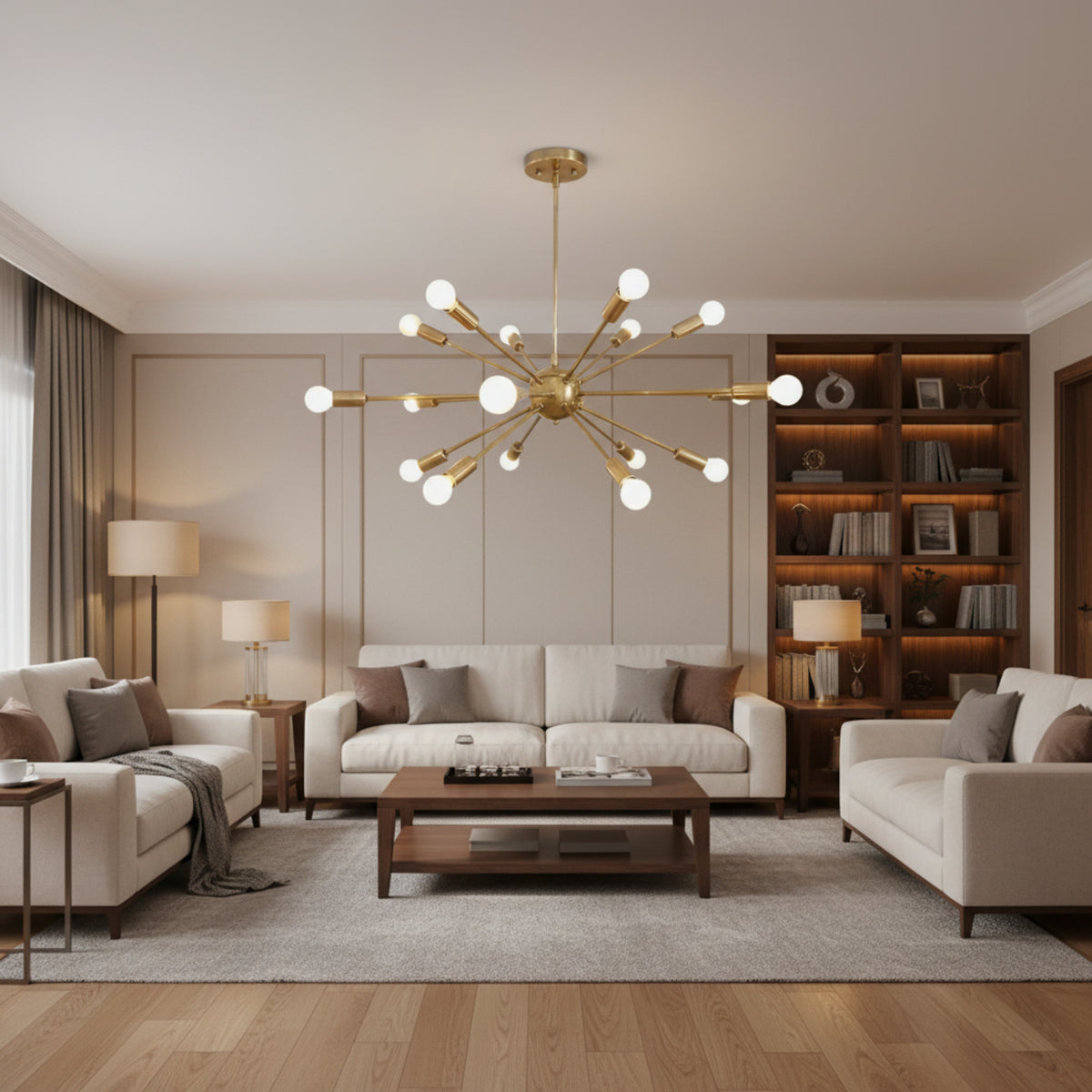 Monaco 18 light Sputnik chandelier in brass finish with radiating arms and exposed globe bulbs, shown from the front.