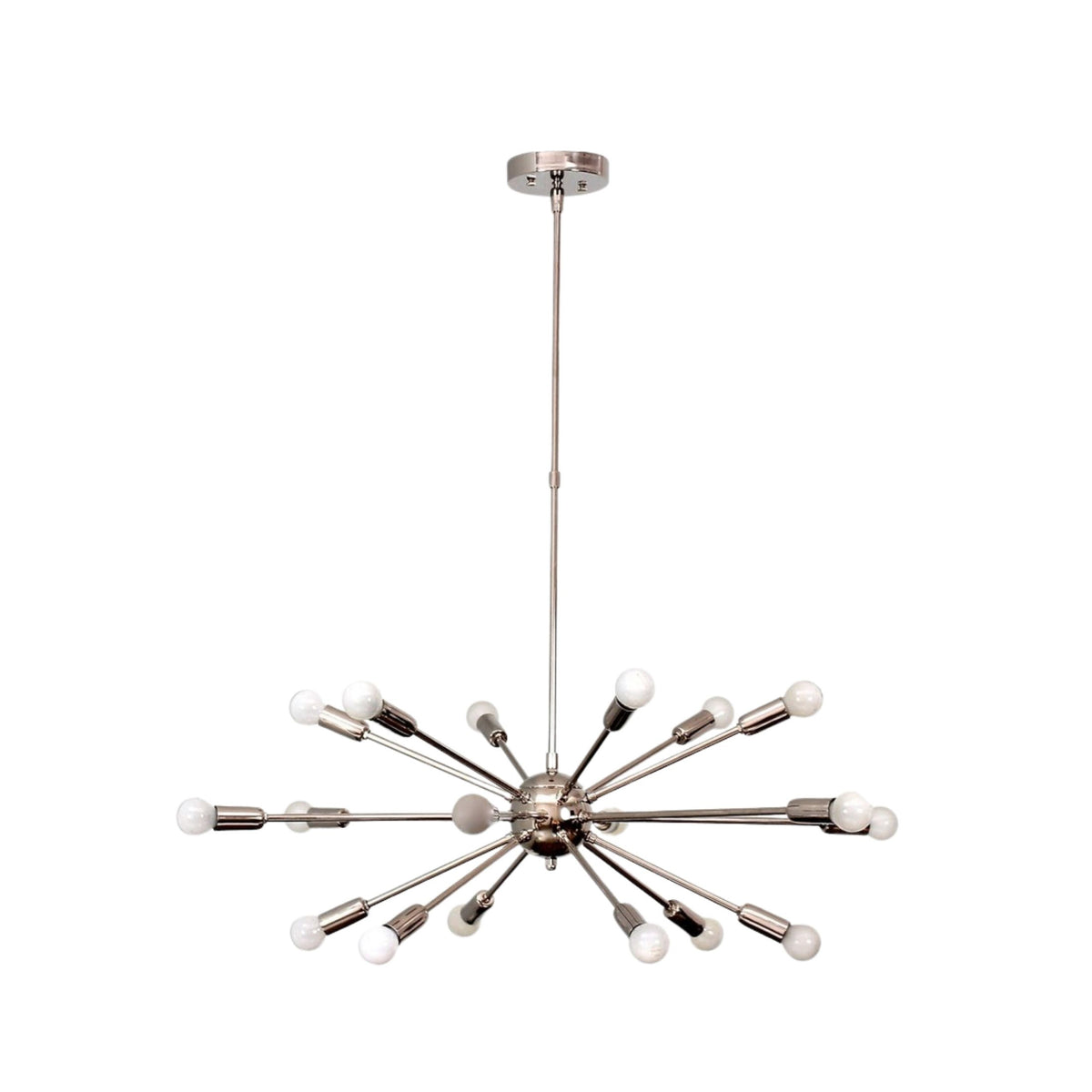 Monaco 18 light Sputnik chandelier in polished metallic finish featuring a sculptural starburst design with exposed globe bulbs.
