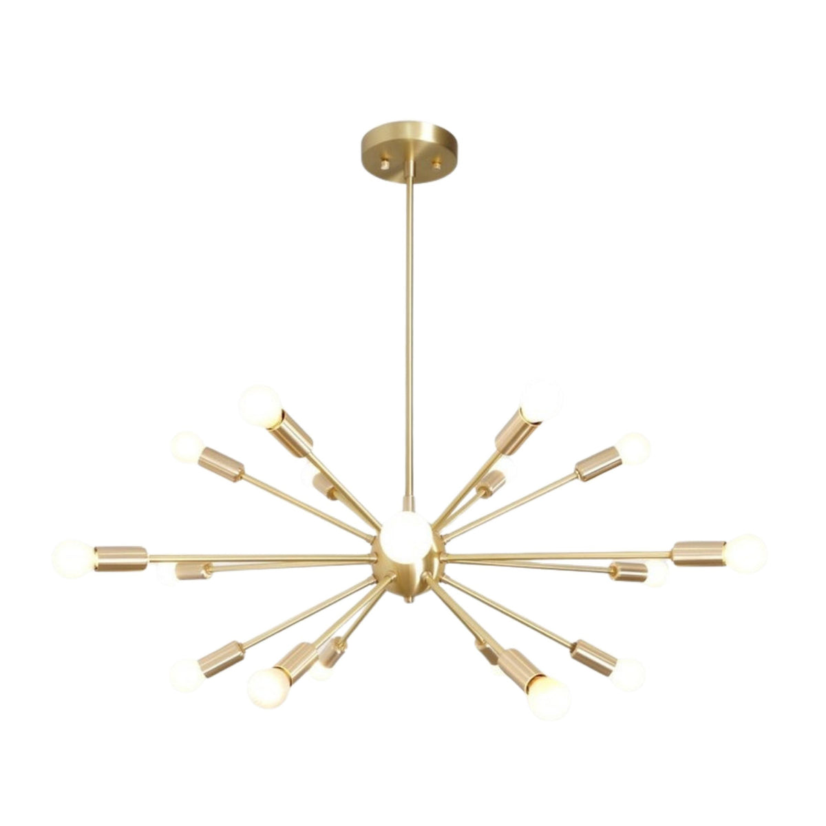 Monaco 18 light Sputnik chandelier in satin brass finish featuring 18 exposed globe bulbs arranged in a starburst design.