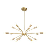 Monaco 18 light Sputnik chandelier in satin brass finish featuring 18 exposed globe bulbs arranged in a starburst design.