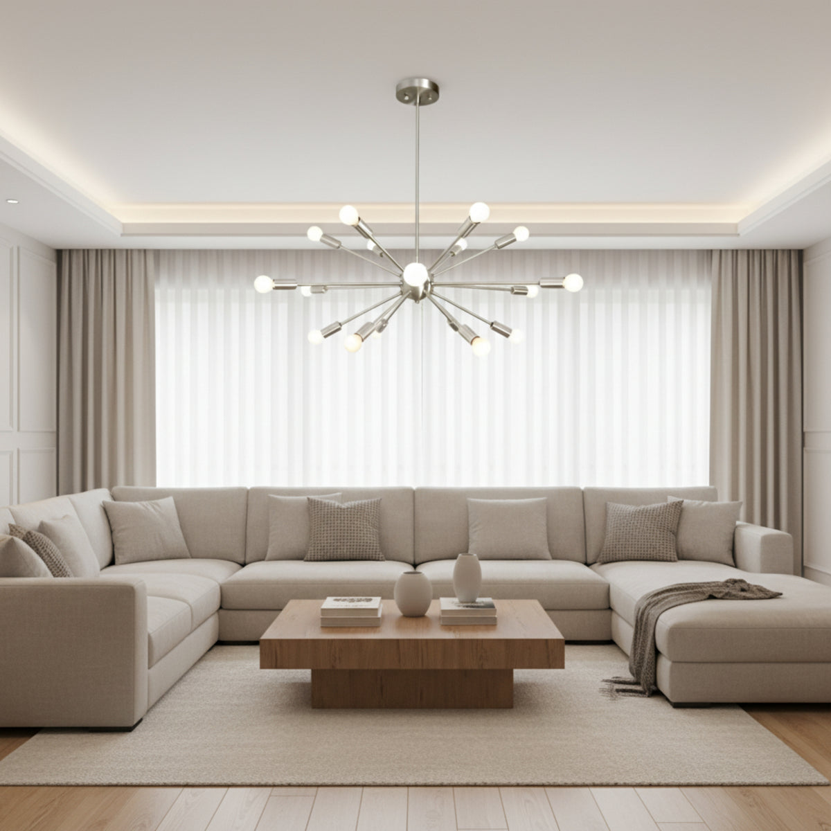 Monaco 18 light Sputnik chandelier in satin nickel finish with sculptural radiating arms and illuminated globe bulbs.