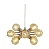 Monaco 12 light Mid-Century Modern chandelier shown from an angled view with sculptural radial holders and illuminated exposed bulbs.
