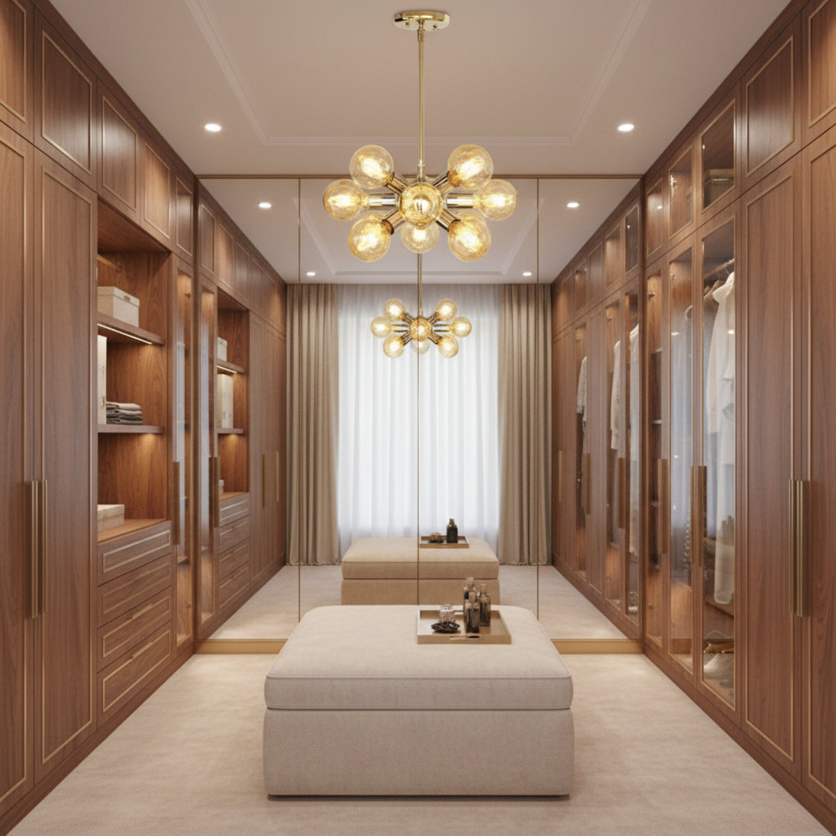 Monaco 12 light starburst chandelier shown from the front with polished metallic holders, exposed bulbs, straight downrod, and round ceiling canopy.