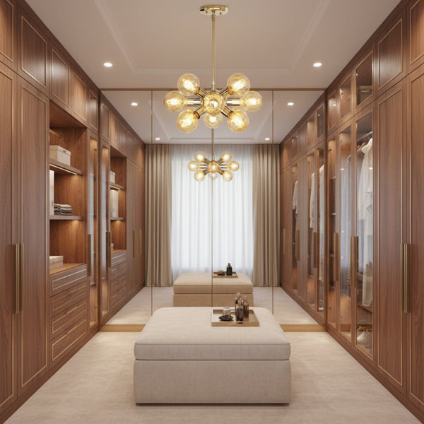 Monaco 12 light starburst chandelier shown from the front with polished metallic holders, exposed bulbs, straight downrod, and round ceiling canopy.