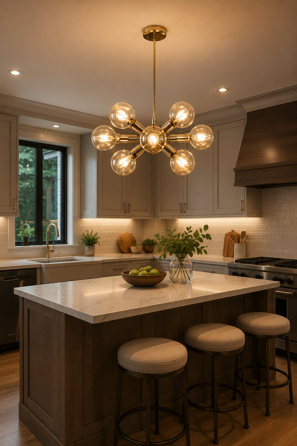 Monaco 12 light Mid-Century Modern starburst chandelier illuminated above a kitchen island in a warm contemporary interior.