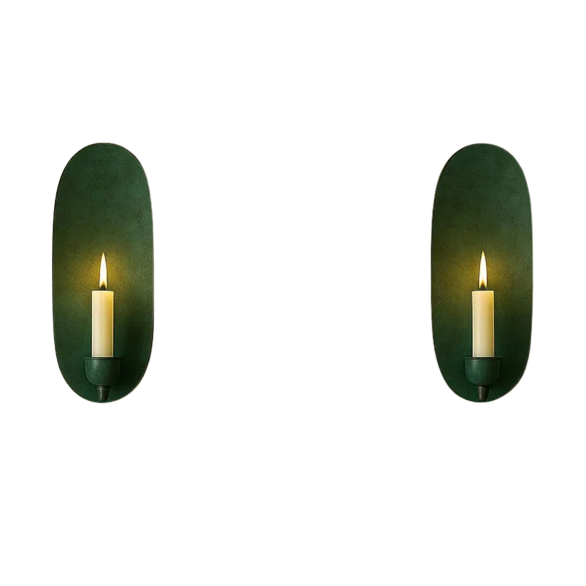 Pair of Monroe modern oval backplate candle wall sconces in a deep green finish featuring elongated oval backplates and candle-style holders.