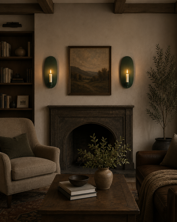 Pair of Monroe modern oval backplate candle wall sconces installed on either side of a fireplace in a contemporary living room, providing warm ambient illumination.