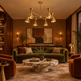 Angled view of Montpellier 6 light Mid-Century Modern chandelier showcasing polished brass arms, conical metal shades and round ceiling canopy.