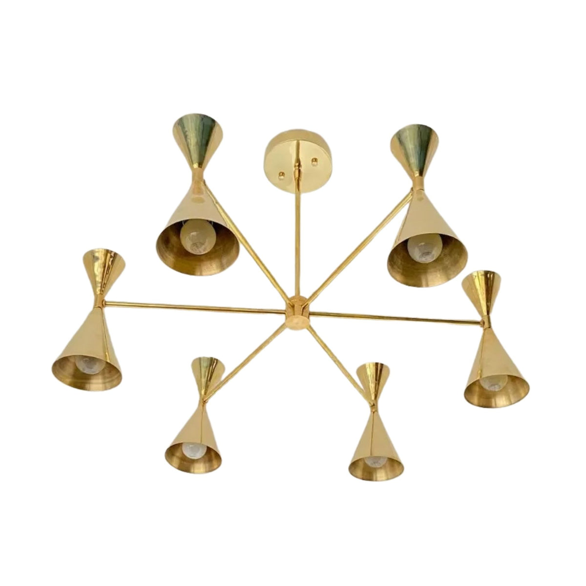 Bottom perspective of Montpellier 6 light polished brass chandelier showing six evenly spaced tapered cone shades, exposed bulbs and radial metal arms.