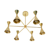 Bottom perspective of Montpellier 6 light polished brass chandelier showing six evenly spaced tapered cone shades, exposed bulbs and radial metal arms.