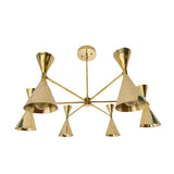 Detailed view of Montpellier 6 light brass chandelier highlighting reflective gold-tone cone shades, metal construction and architectural branching arms.
