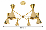Montpellier 6 light polished brass multi-arm chandelier dimension image showing 32 inch overall width with geometric cone-shaped shades.