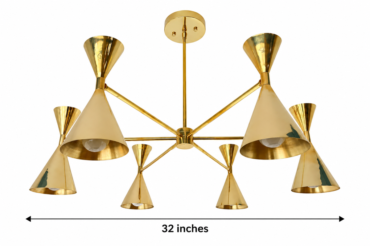 Size guide for Montpellier Cone Arm Chandelier – 6 Light – 32 Inch – Brass Finish - Model 62307