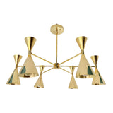 Front view of Montpellier 6 light polished brass chandelier featuring six tapered metal cone shades and a symmetrical radial arm design.