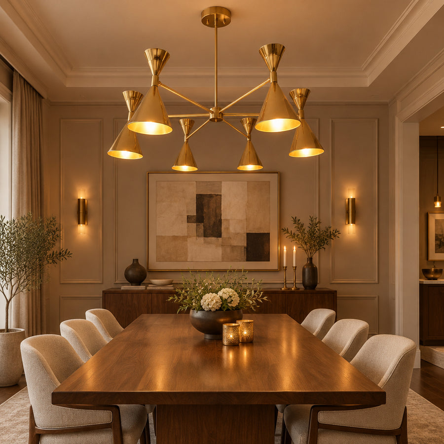 Montpellier 6 light polished brass chandelier featuring illuminated tapered cone shades, sculptural radial arms and warm golden lighting.
