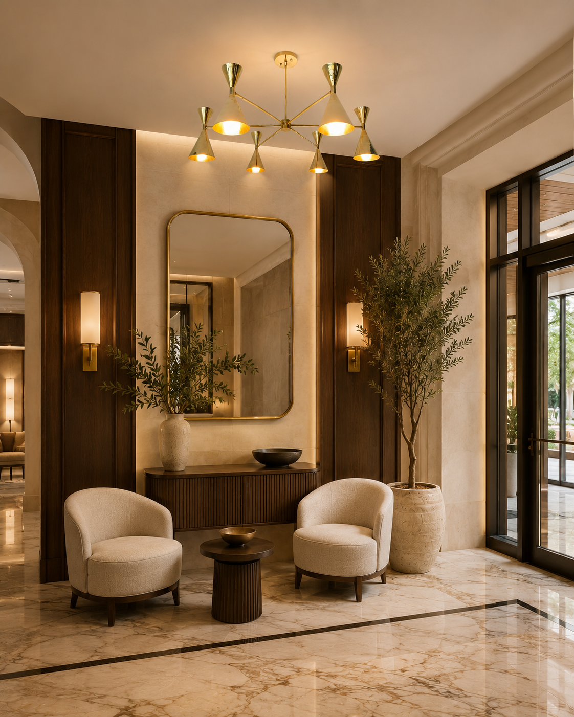 Montpellier 6 light brass chandelier illuminating an elegant hotel lobby with marble flooring, dark wood paneling and contemporary seating.