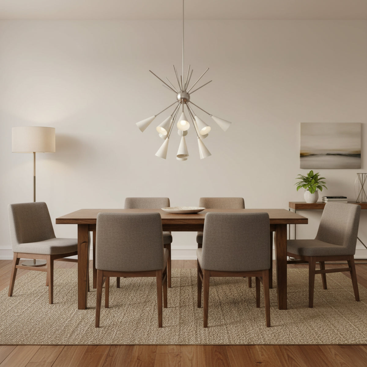 Montpellier 12 light Mid-Century Modern Sputnik chandelier featuring white tapered cone shades and a silver-tone metal frame.