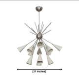Montpellier 12 light white cone Sputnik chandelier with silver-tone starburst frame shown with 31 inch width dimension.
