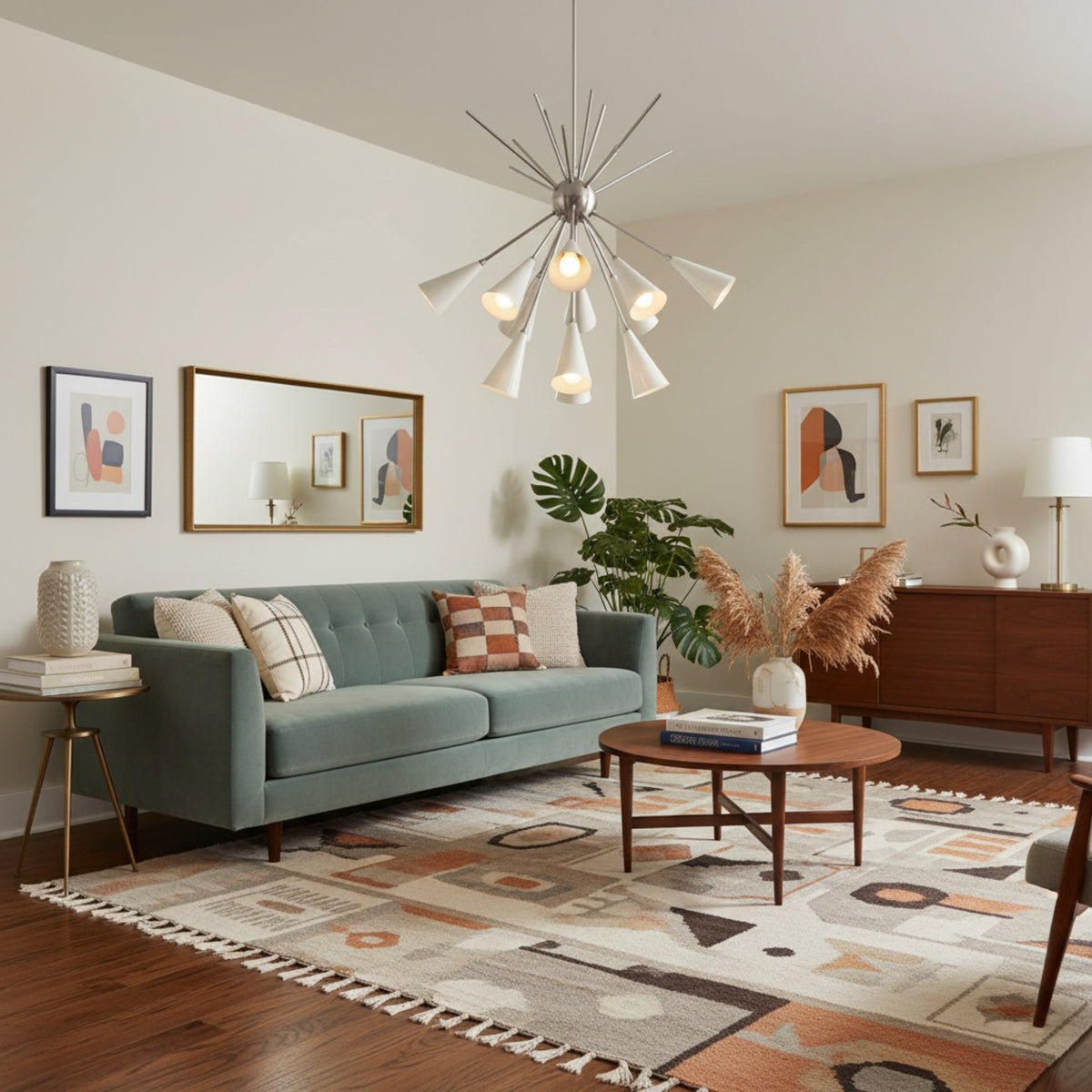 Montpellier 12 light white cone Sputnik chandelier with silver-tone radial arms and decorative starburst center shown from the front.
