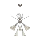 Montpellier 12 light white cone chandelier with sculptural silver-tone starburst frame and rod suspension shown on a white background.