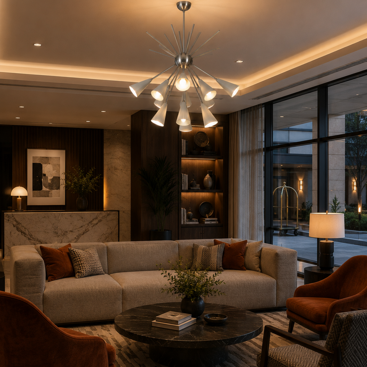 Montpellier 12 light white cone Sputnik chandelier installed in an elegant contemporary living room with warm ambient lighting.