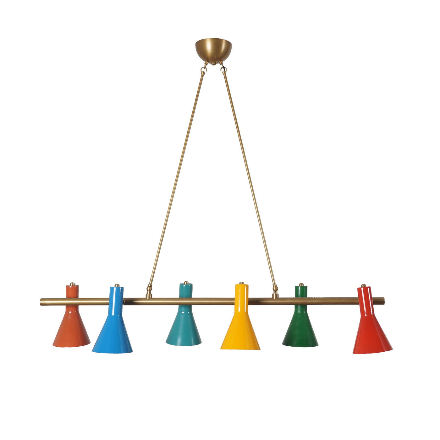 Mid-century modern brass chandelier with six colorful cone shades in red, blue, green, yellow, and teal – front view.