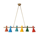 Mid-century modern brass chandelier with six colorful cone shades in red, blue, green, yellow, and teal – front view.