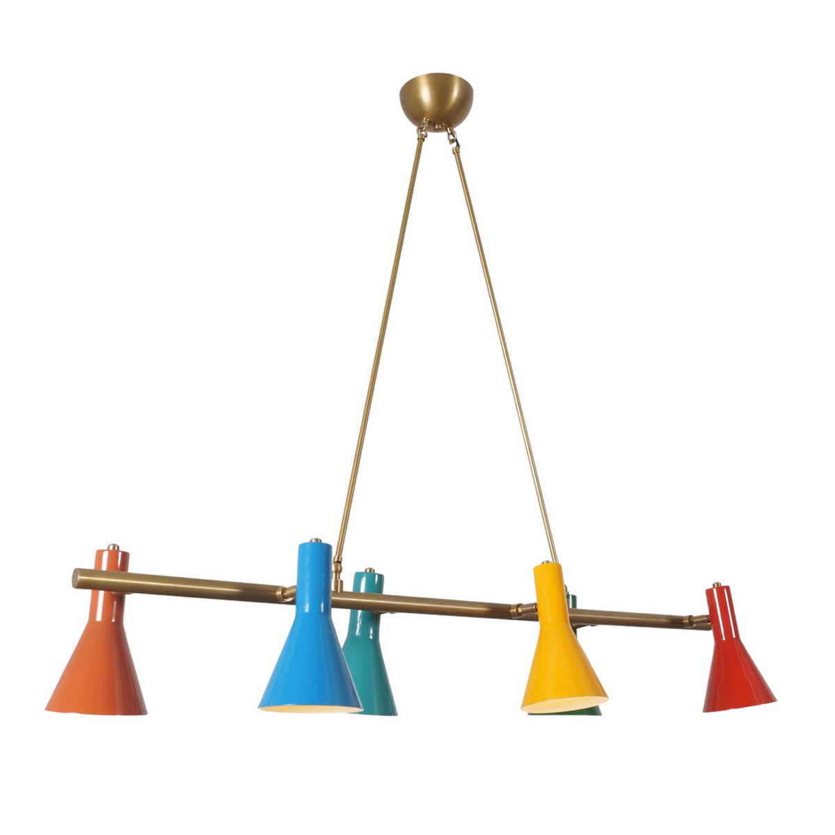 Angled side view of six-light brass chandelier featuring multi-color cone shades in a retro mid-century design.
