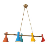 Angled side view of six-light brass chandelier featuring multi-color cone shades in a retro mid-century design.