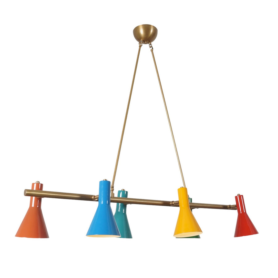 Mid-century modern brass chandelier with six colorful cone shades in red, blue, green, yellow, and teal – front view.