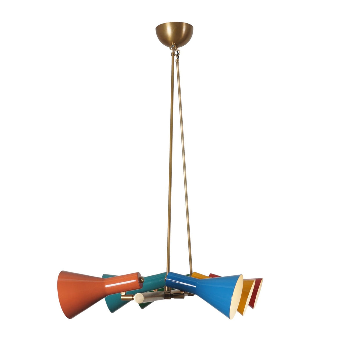Top angled view of brass chandelier showing folded arm structure with six vivid cone shades in blue, orange, yellow, green, and red.