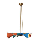 Top angled view of brass chandelier showing folded arm structure with six vivid cone shades in blue, orange, yellow, green, and red.